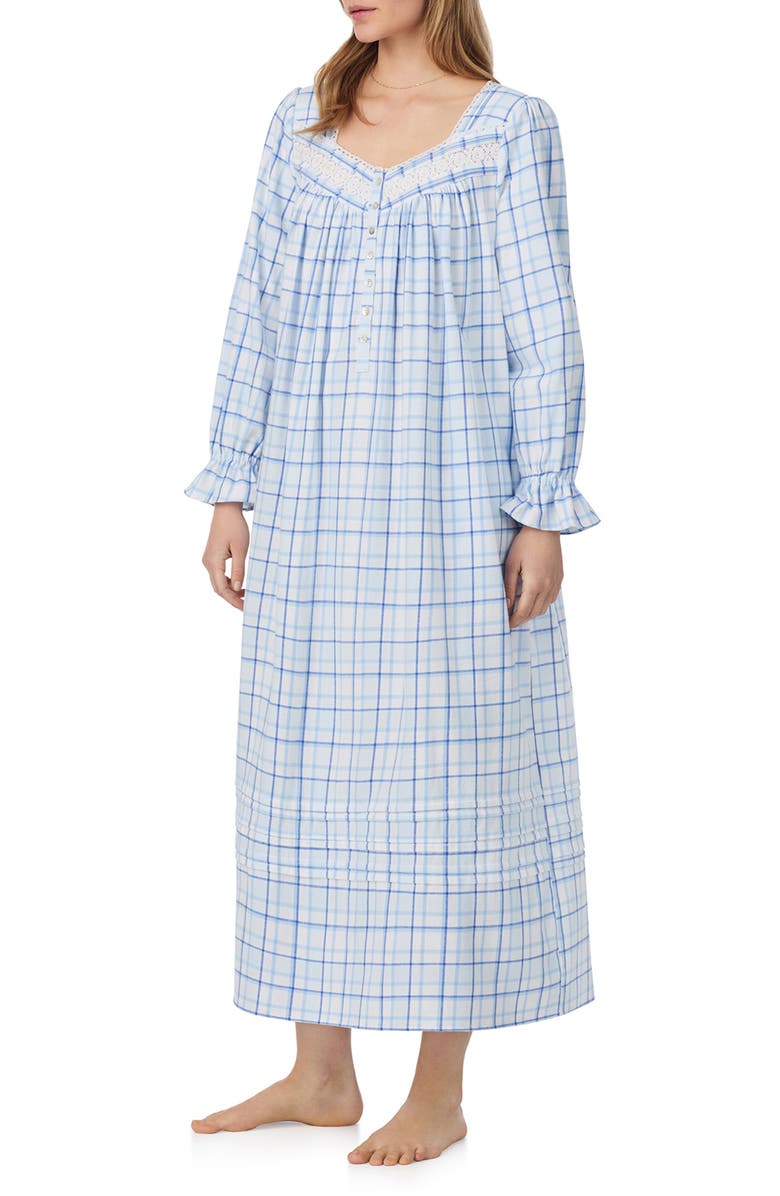 Eileen West Long Sleeve Cotton Flannel Ballet Nightgown, Alternate, color, Blue/ Plaid