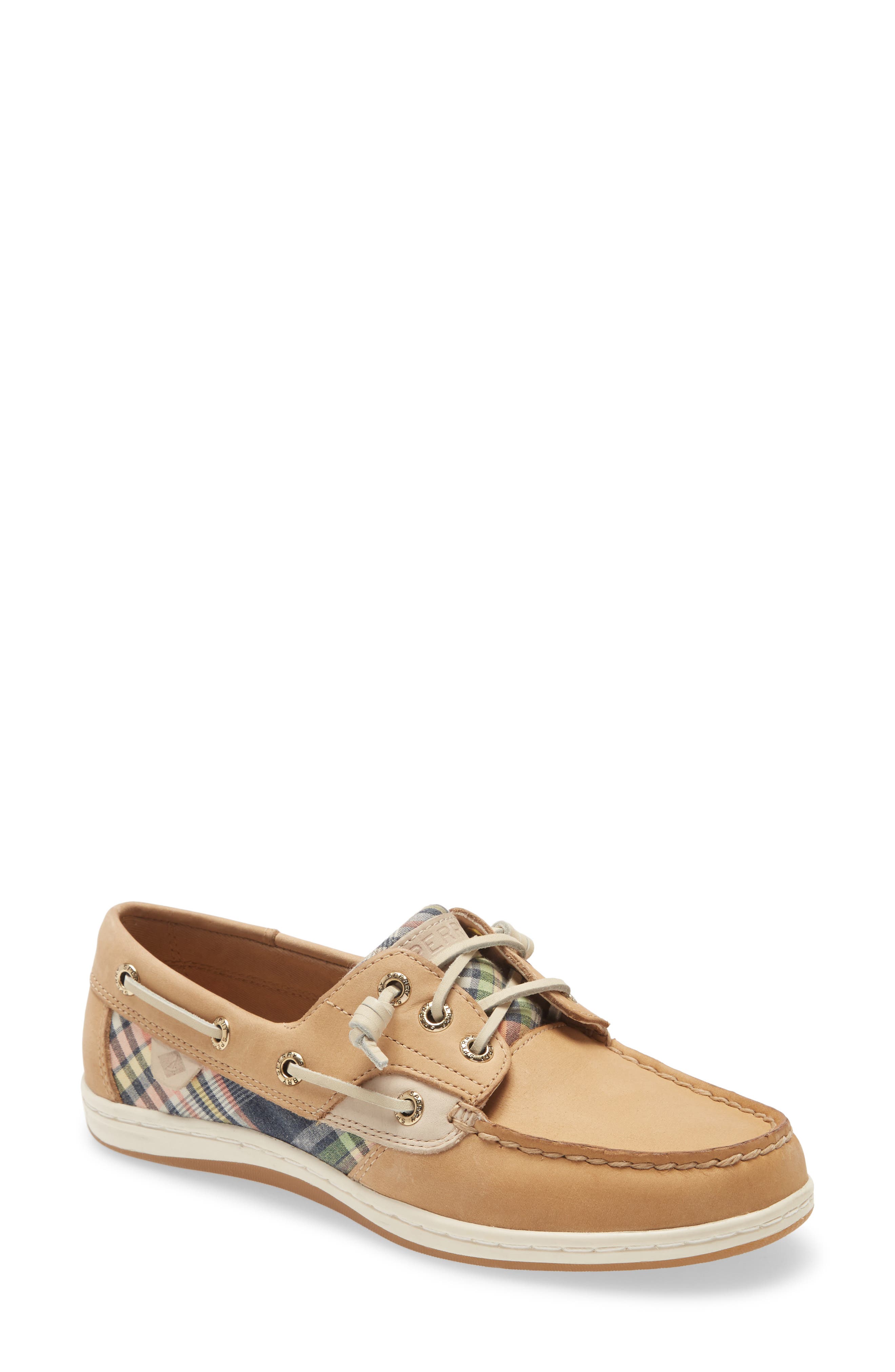 Songfish Boat Shoe, Main, color, TAN / KICK BACK PLAID FABRIC