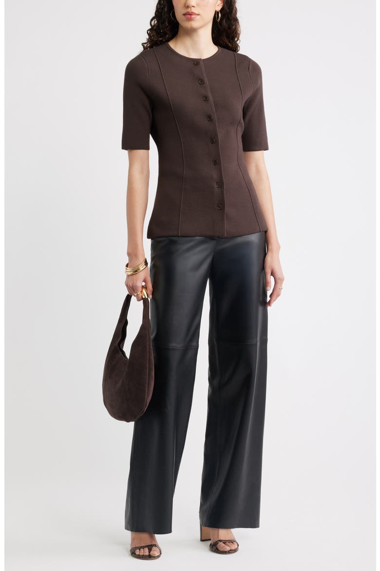 Crewneck Elbow Sleeve Cardigan, Alternate, color, BROWN MOLE