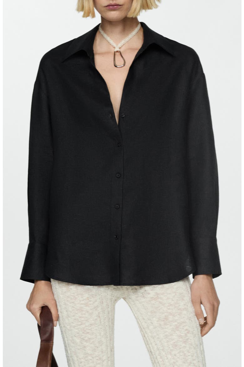 Samari Linen Button-Up Shirt, Main, color, BLACK