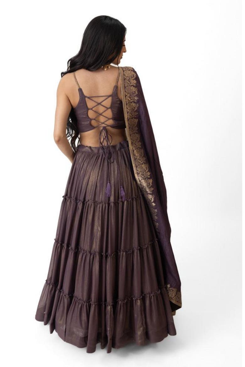 Gaia Tiered Lehenga Choli Set, Alternate, color, Brownish Purple