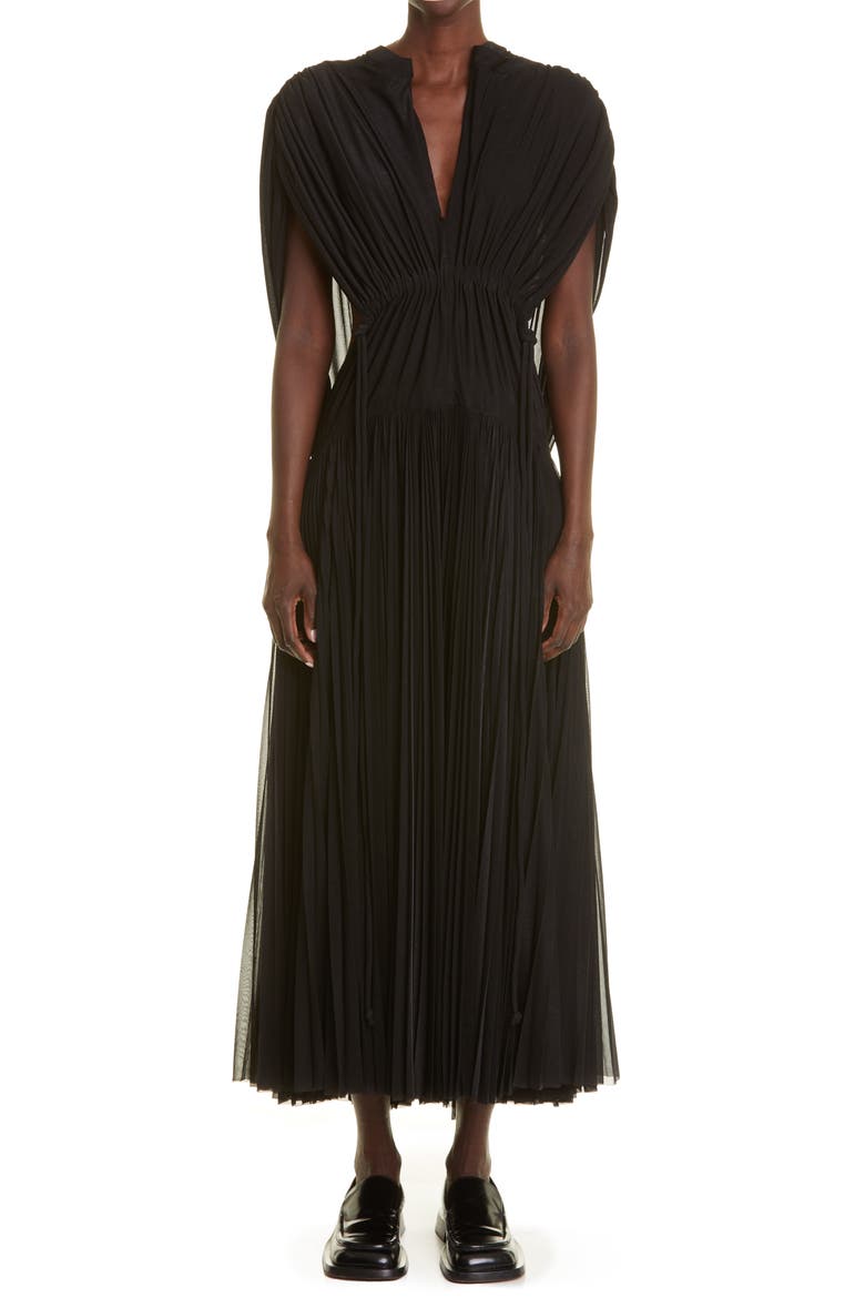 Pleated Cape Sleeve Gauze Jersey Dress, Alternate, color, BLACK