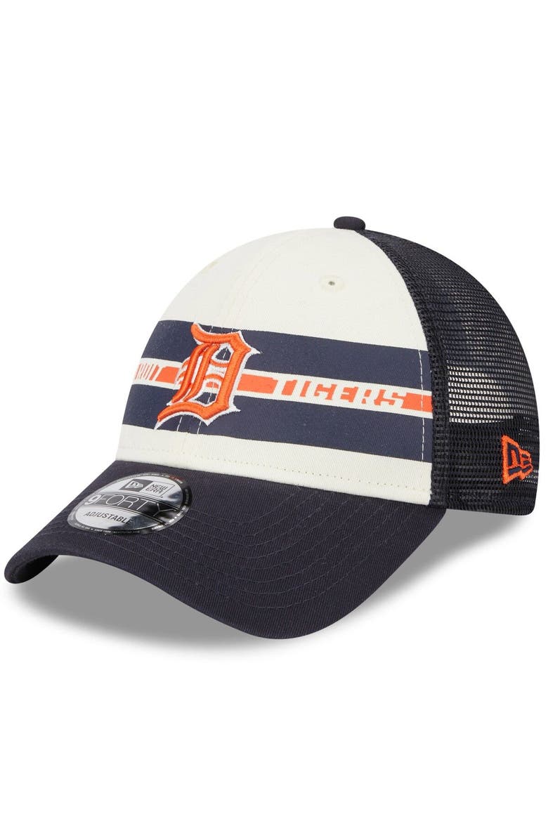 New Era Men's New Era White/Navy Detroit Tigers Team Stripe Trucker 9FORTY Snapback Hat, Main, color, 