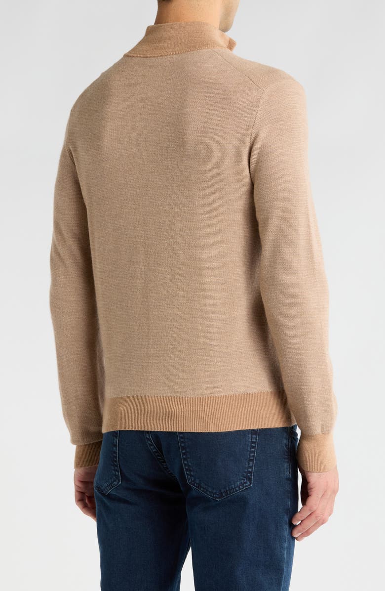 Bruno Magli Piqué Merino Wool Feeder Stripe Quarter Zip Pullover, Alternate, color, Camel Beige