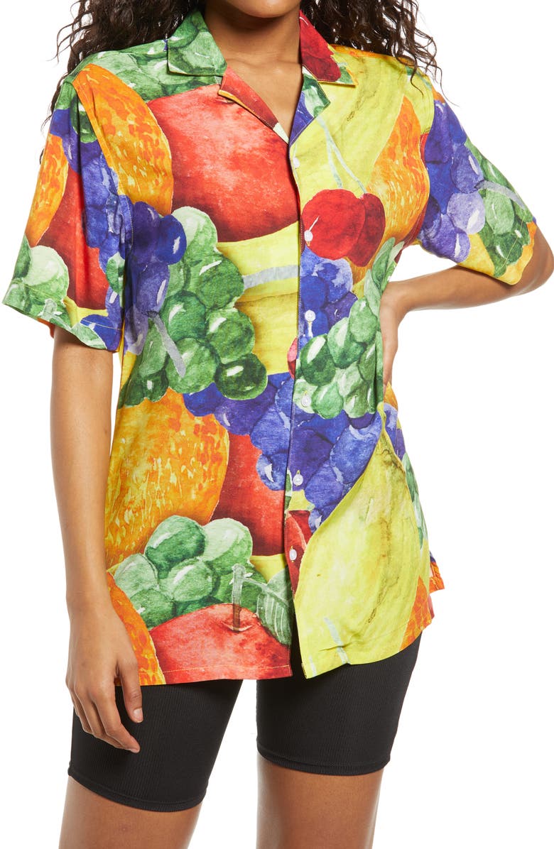 Petals and Peacocks Gender Inclusive Treat Yourself Vacation Camp Shirt, Main, color, 