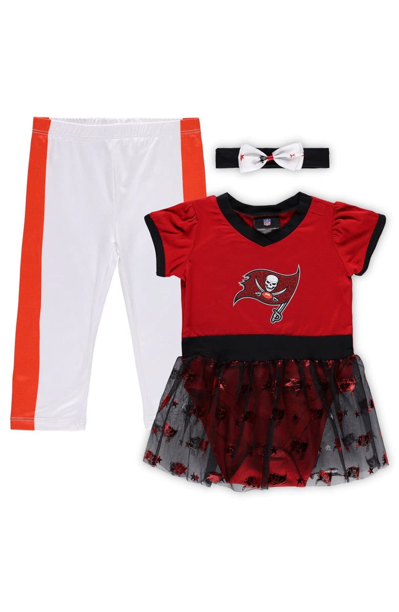 JERRY LEIGH Girls Infant Red Tampa Bay Buccaneers Tailgate Game Day Bodysuit with Tutu, Headband & Leggings Cheerleader Set, Main, color, 