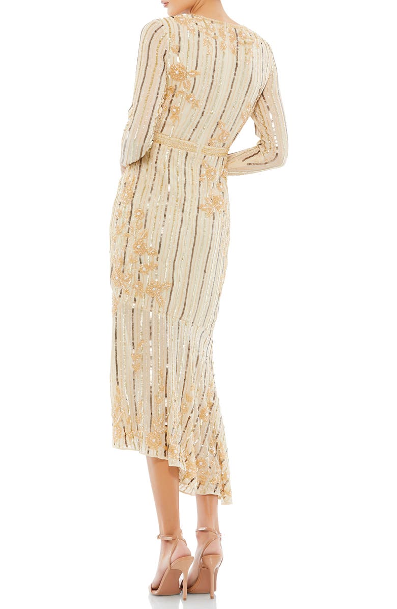 Mac Duggal Hand Embellished Asymmetrical Long Sleeve Midi Dress, Alternate, color, Nude Gold