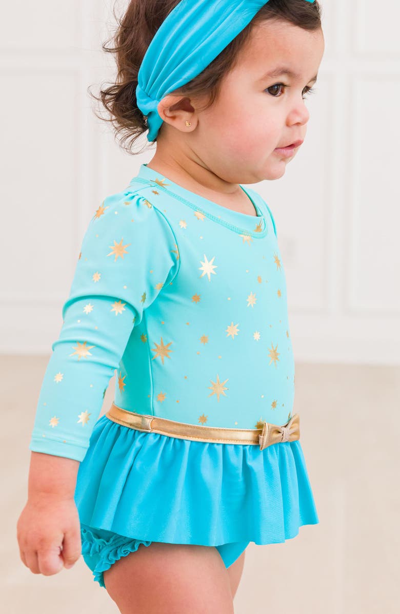 RuffleButts Golden Princess One-Piece Rashguard Swimsuit & Bow Head Wrap Set, Alternate, color, Blue