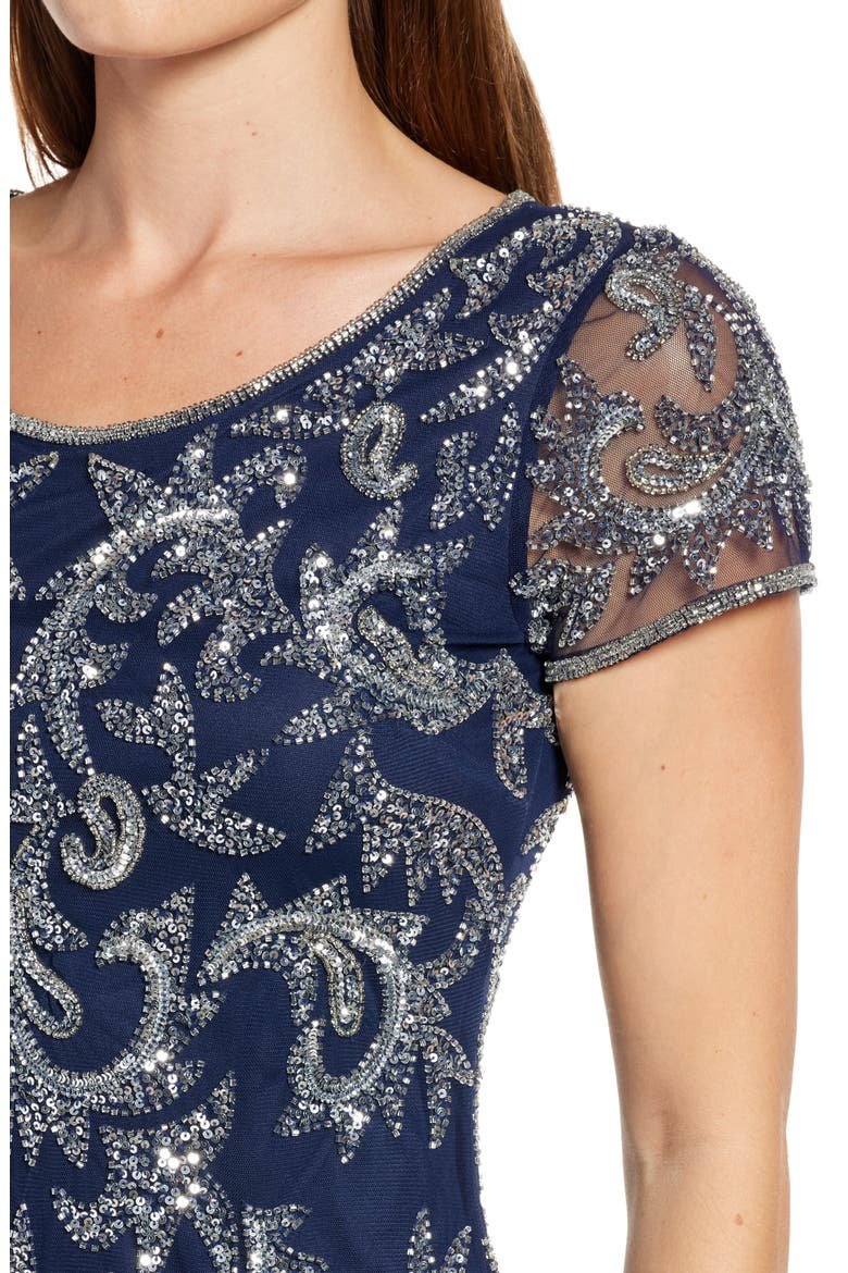 Beaded Mesh Cocktail Dress, Alternate, color, NAVY