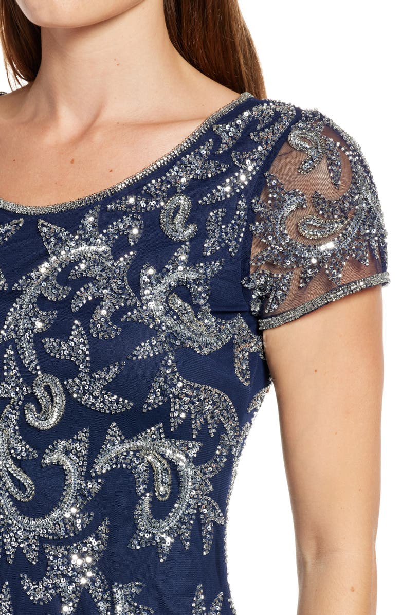 Pisarro Nights Beaded Mesh Cocktail Dress, Alternate, color, Navy