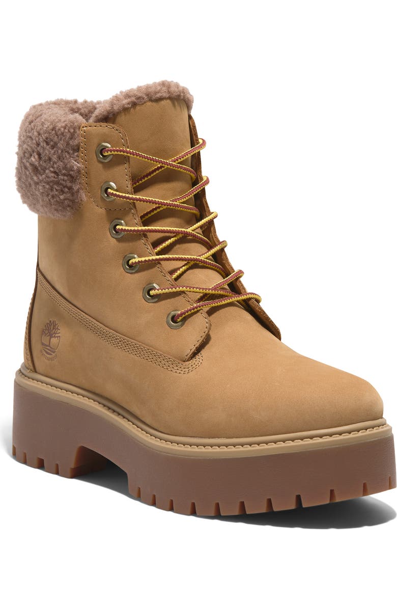 Timberland Stone Street Waterproof Faux Fur Lined Platform Boot, Main, color, Wheat Nubuck