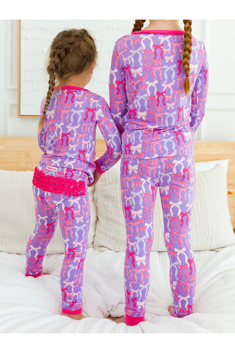 SoftSnooze Girls Ruffle Long Sleeve Pajama Set, Alternate, color, Rosy Ribbons