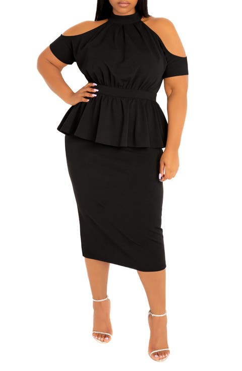 Cold Shoulder Peplum Midi Dress (Plus)