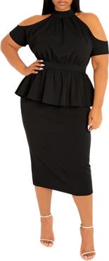 BUXOM COUTURE Cold Shoulder Peplum Midi Dress