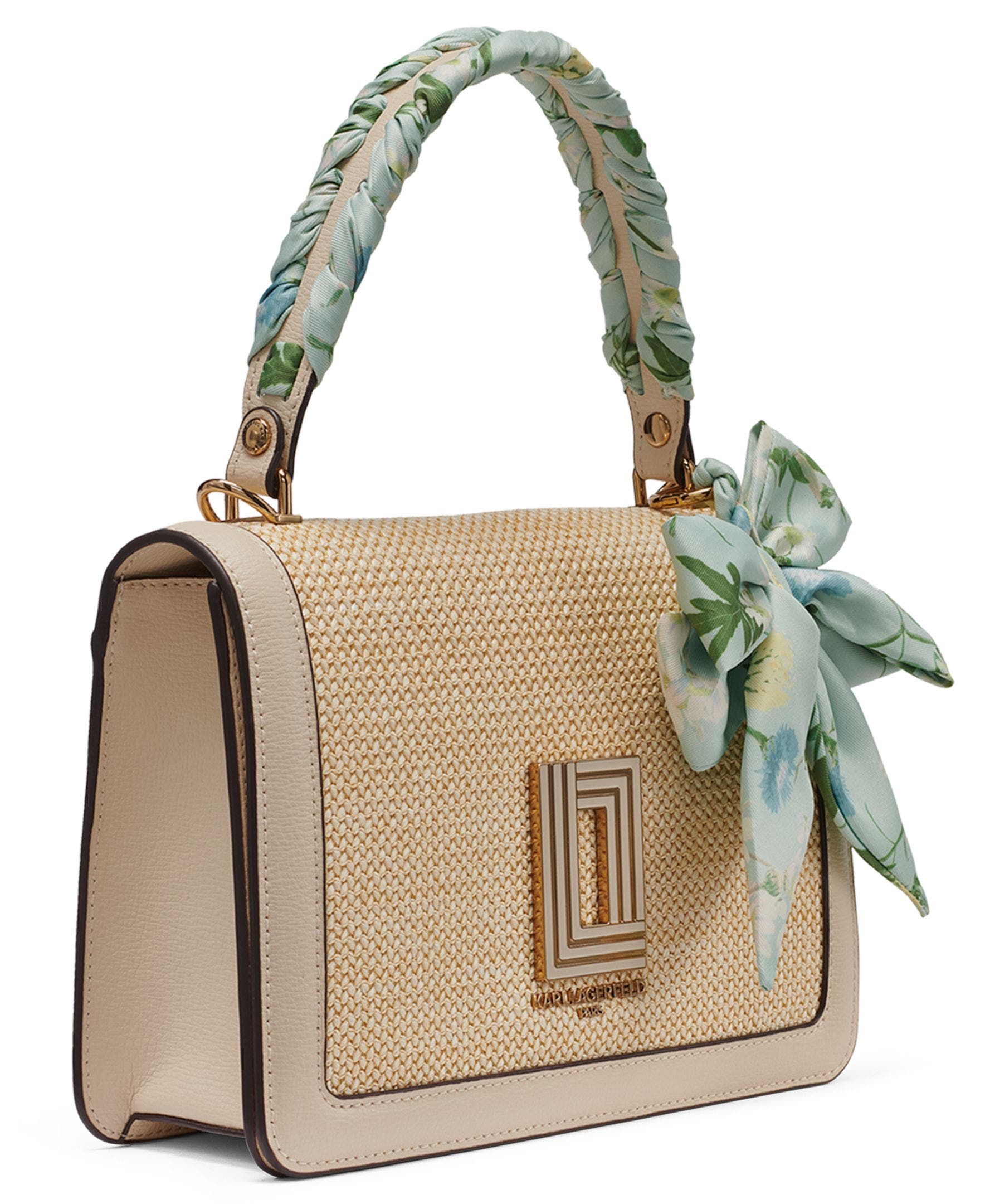 KARL LAGERFELD PARIS Simone Raffia+Scarf Satchel, Alternate, color, Neutral