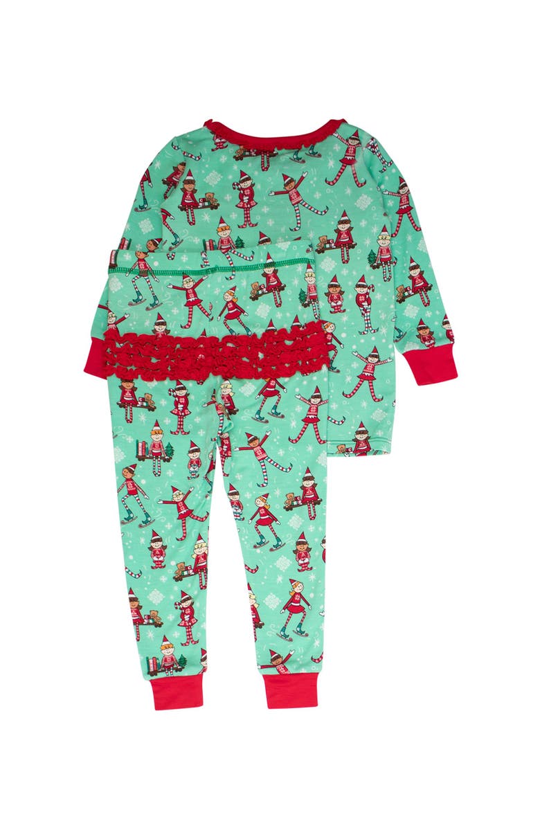 RuffleButts SoftSnooze Ruffle Long Sleeve Pajama Set, Signature Rear Ruffles, Alternate, color, Elf Buddies