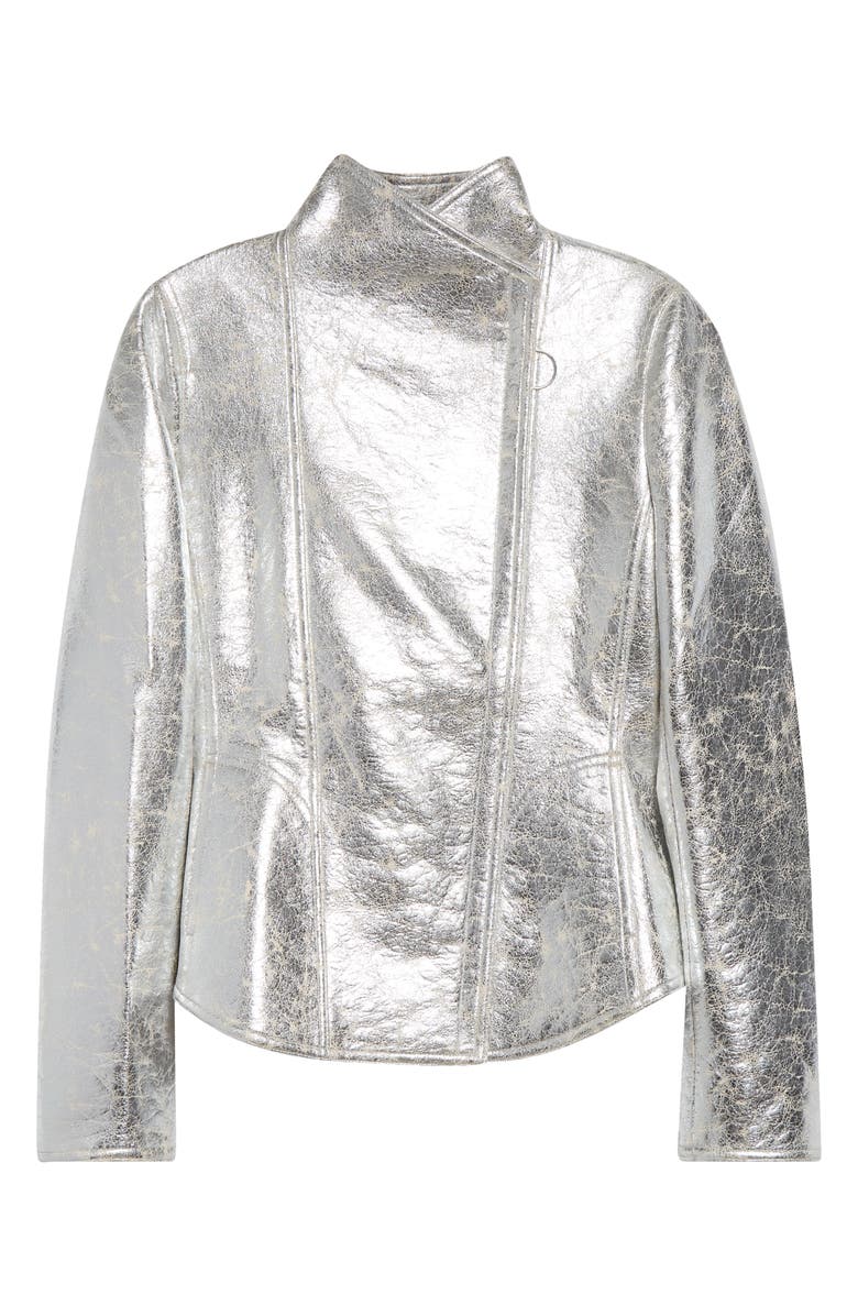Akris punto Metallic Faux Leather Moto Jacket, Alternate, color, Aluminium