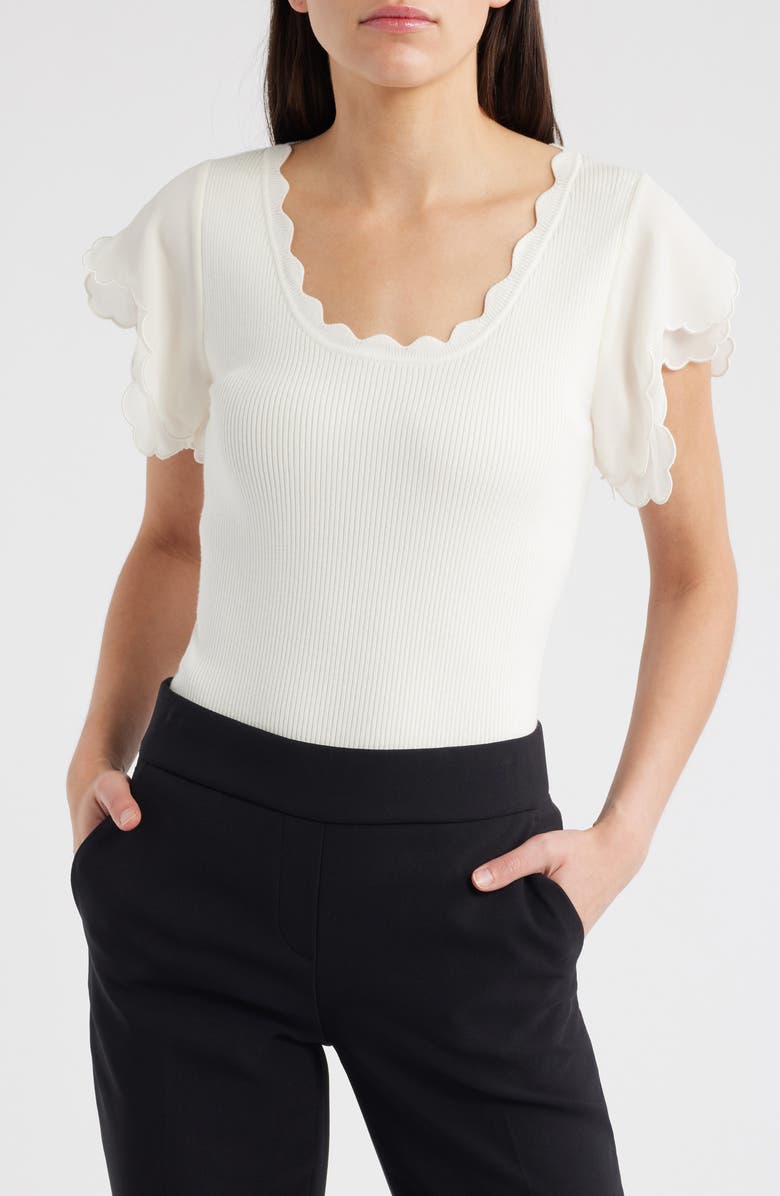 Elie Tahari Brittany Flutter Sleeve Mixed Media Top, Main, color, Sky White