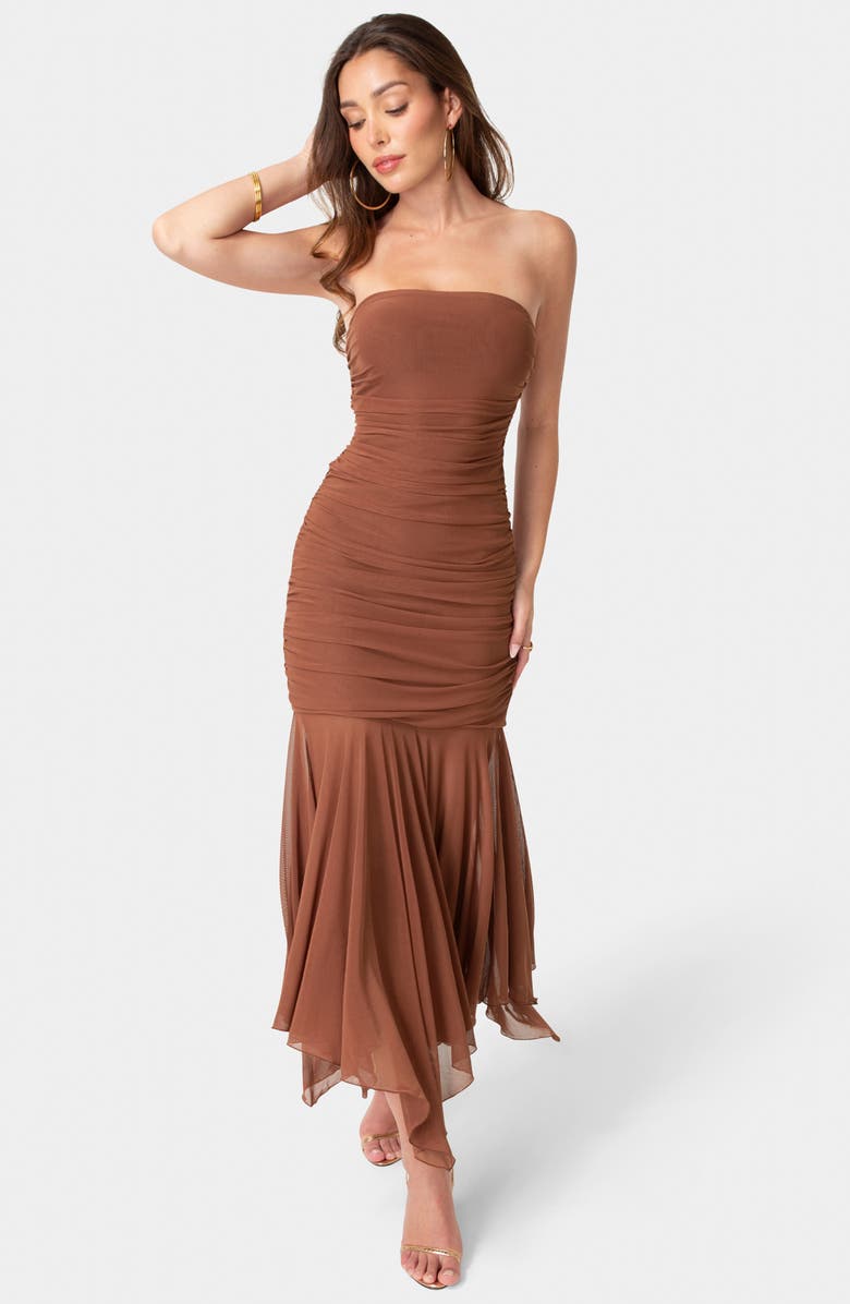 bebe Strapless Handkerchief Hem Powermesh Dress, Alternate, color, 
