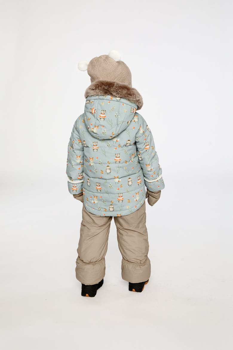 Woodland Creatures Two Piece Coat Pants & Neckwarmer Snowsuit, Alternate, color, Blue Animal Print