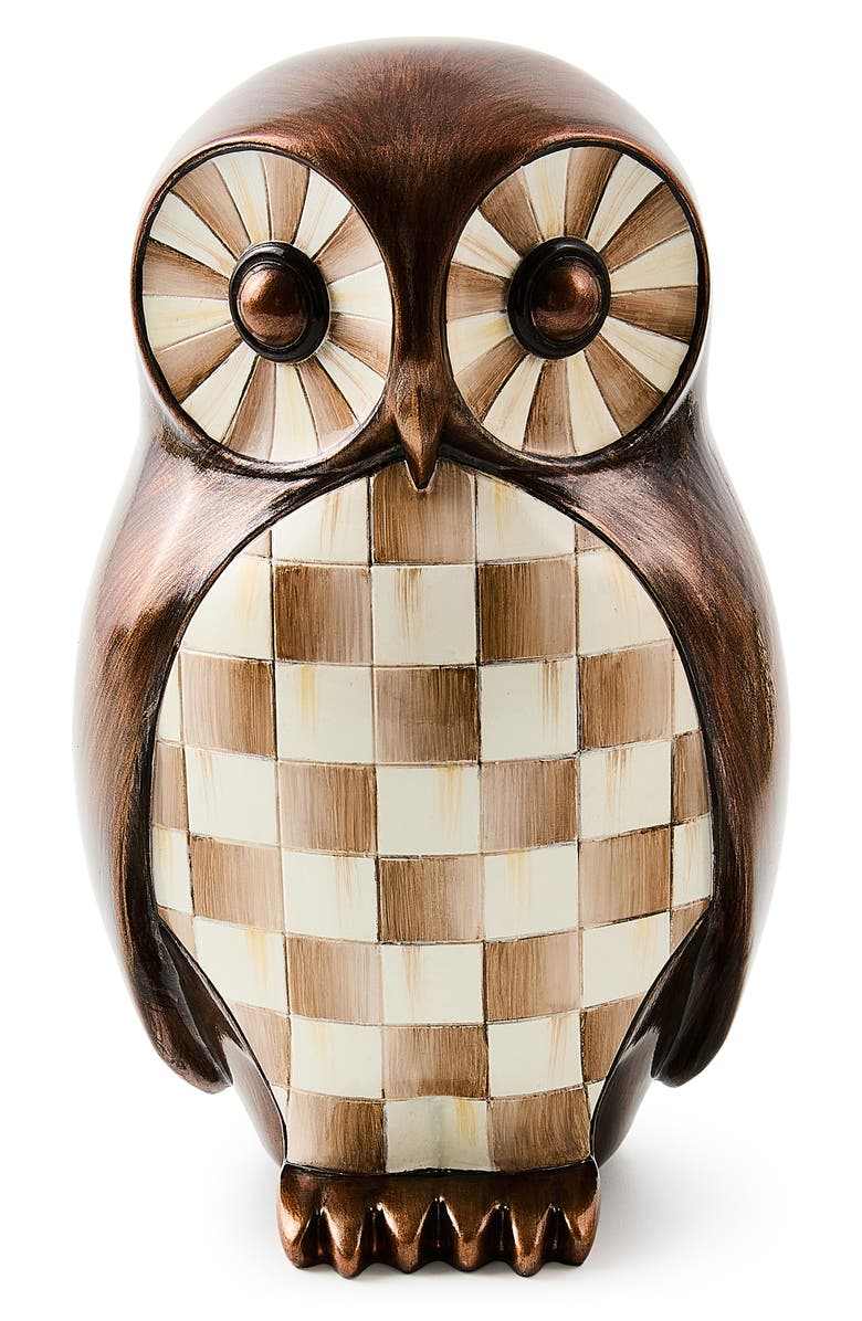 MACKENZIE CHILDS Mocha Check Owl Figurine, Main, color, Mocha