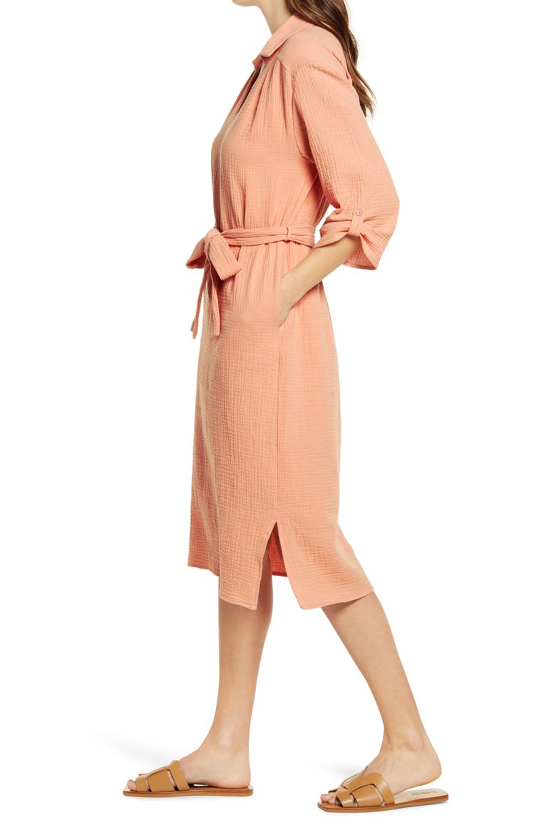 Textured Midi Shirtdress, Alternate, color, CORAL