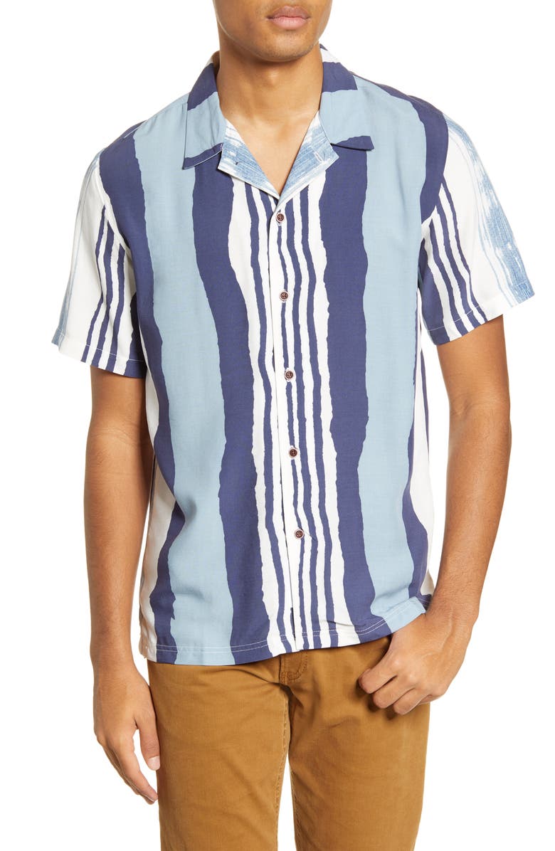 Native Youth Print Stripe Short Sleeve Button-Up Camp Shirt, Main, color, 