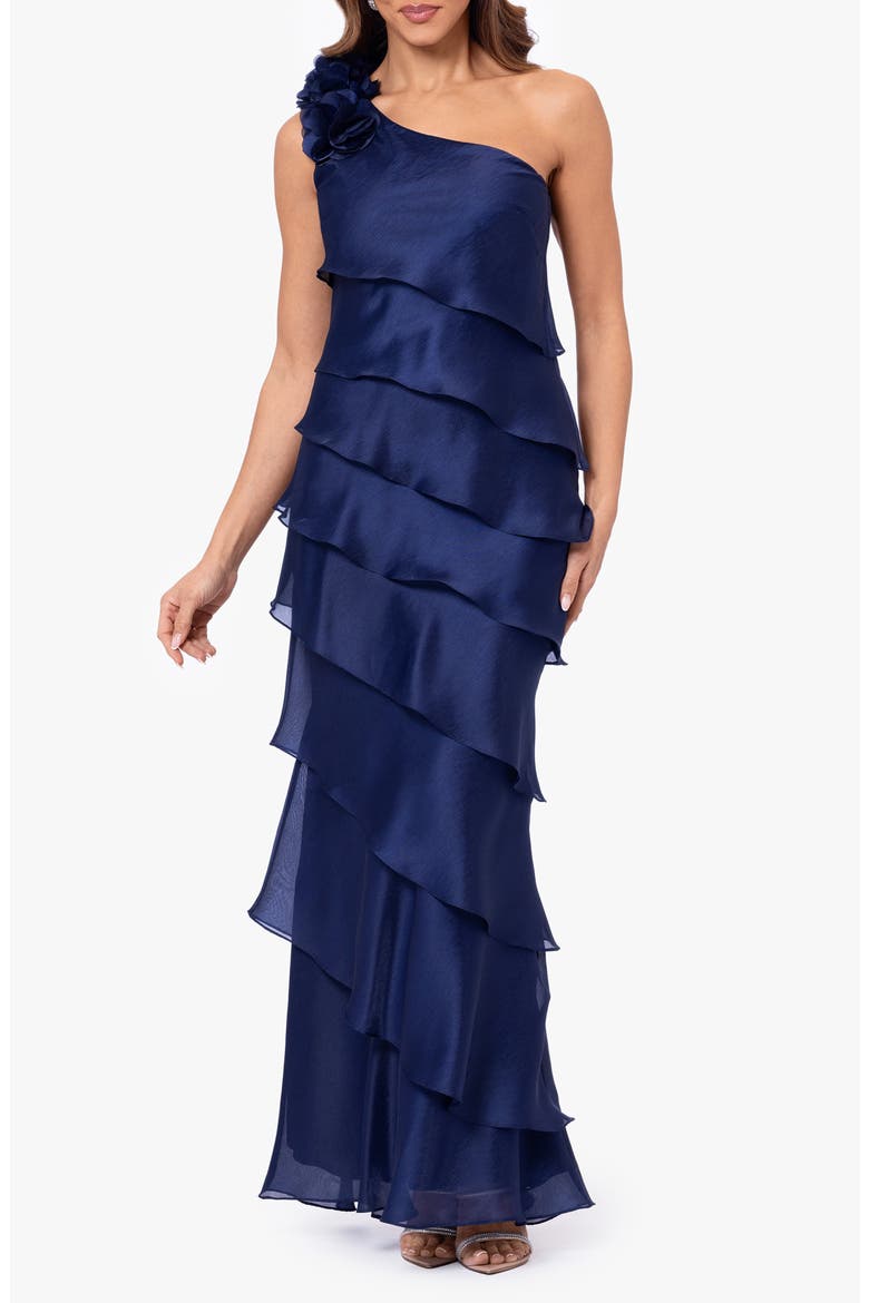 Ruffle One-Shoulder Tiered Charmeuse Gown, Main, color, NAVY