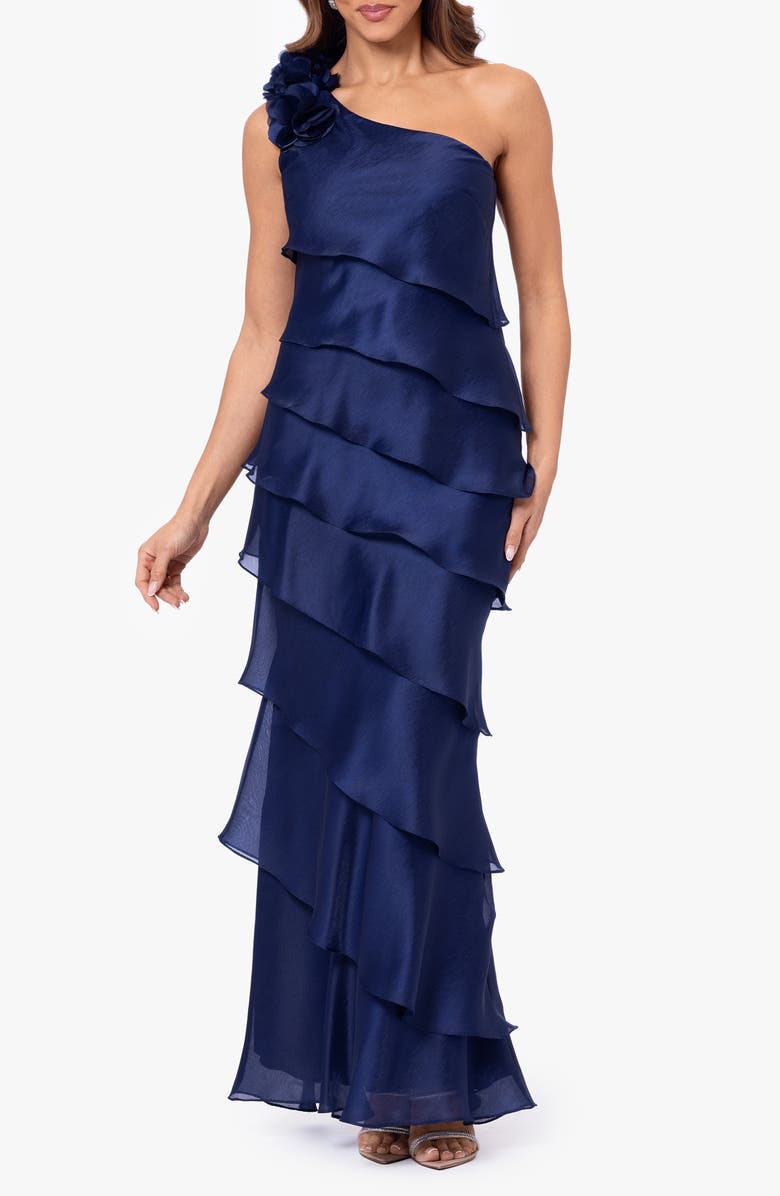 Xscape Evenings Ruffle One-Shoulder Tiered Charmeuse Gown, Main, color, Navy