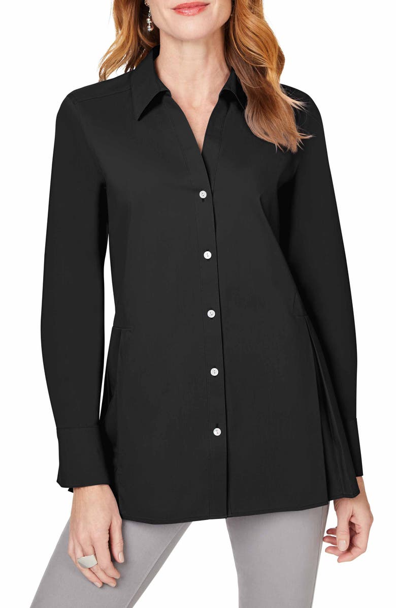 Foxcroft Pippa Pleated Peplum Non-Iron Stretch Tunic, Main, color, Black