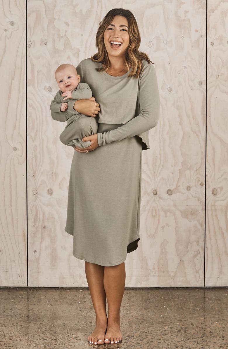 Angel Maternity Leah Long Sleeve Ribbed Maternity/Nursing Dress & Knotted Baby Gown Set, Alternate, color, Green
