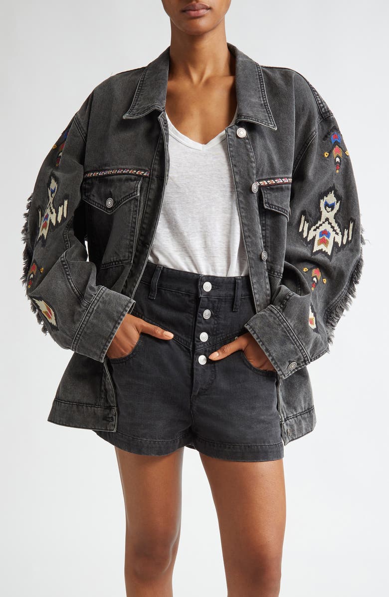 Isabel Marant Étoile Manona Embroidered Fringe Detail Denim Trucker Jacket, Main, color,