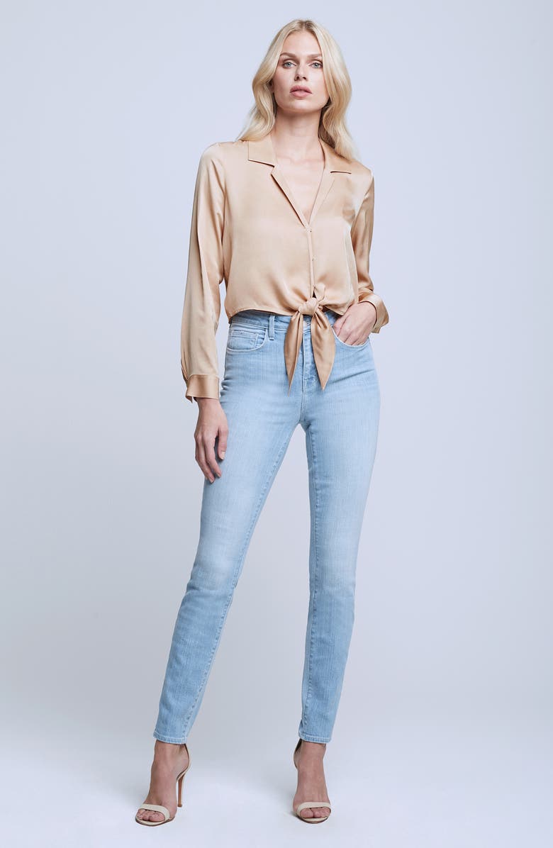 L'AGENCE Annie Tie Hem Satin Top, Alternate, color,