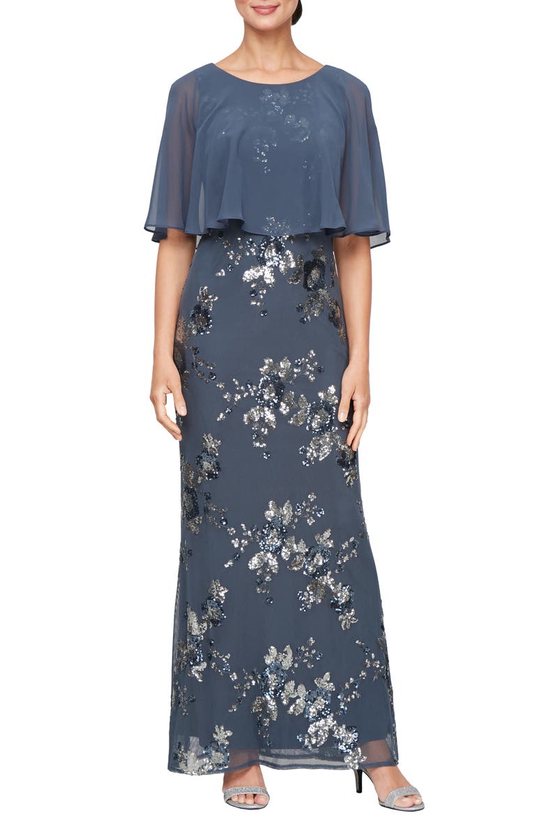 SL FASHIONS Sequin Floral & Chiffon Capelet Gown, Main, color, 