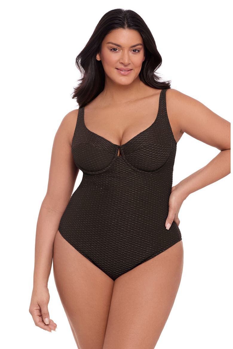 Smoothing and Sculpting Grid Textured Underwire One-Piece Swimsuit, Main, color, Onyx Black