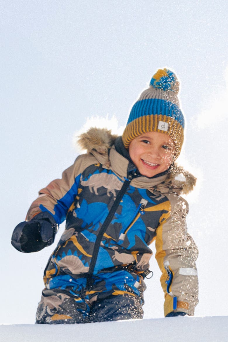 Play Dinosaur Faux Fur Hood Fleece Neckwarmer One Piece Snowsuit, Alternate, color, Grey and Blue Dinosaur Print