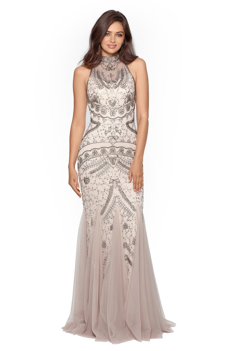 Xscape Embellished Godet Mermaid Gown, Alternate, color, CHAMPAGNE