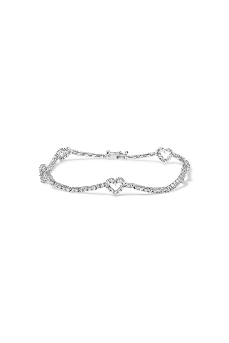 14K White Gold 1 1/2 Cttw Diamond Heart Station Strand Bracelet - 7.5 Inches, Main, color, White