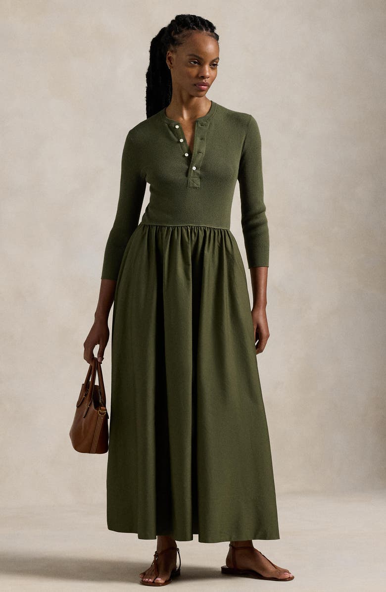 Polo Ralph Lauren Henley Long Sleeve Mixed Media Maxi Dress, Alternate, color, 