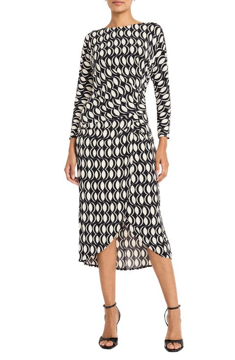 Geo Print Long Sleeve Ruched Midi Dress