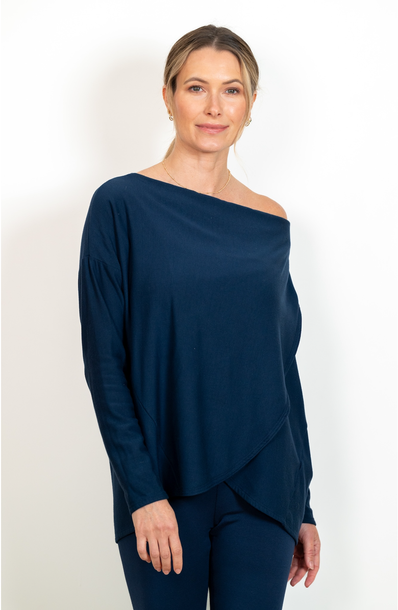 JJwinks Sweater Weather Built-In Shelf Off-The-Shoulder Fleece Long Sleeve Top, Main, color, Navy