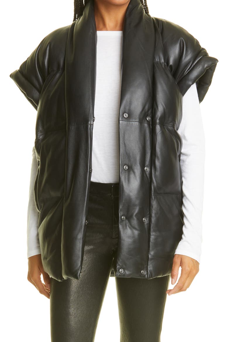 Sleeveless Leather Puffer Vest, Main, color, NOIR