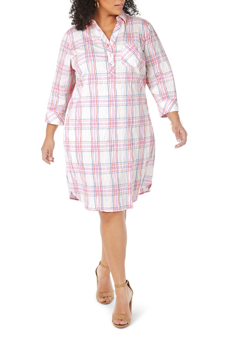 Delaney Plaid Popover Shirtdress, Main, color, PINK/ WHITE