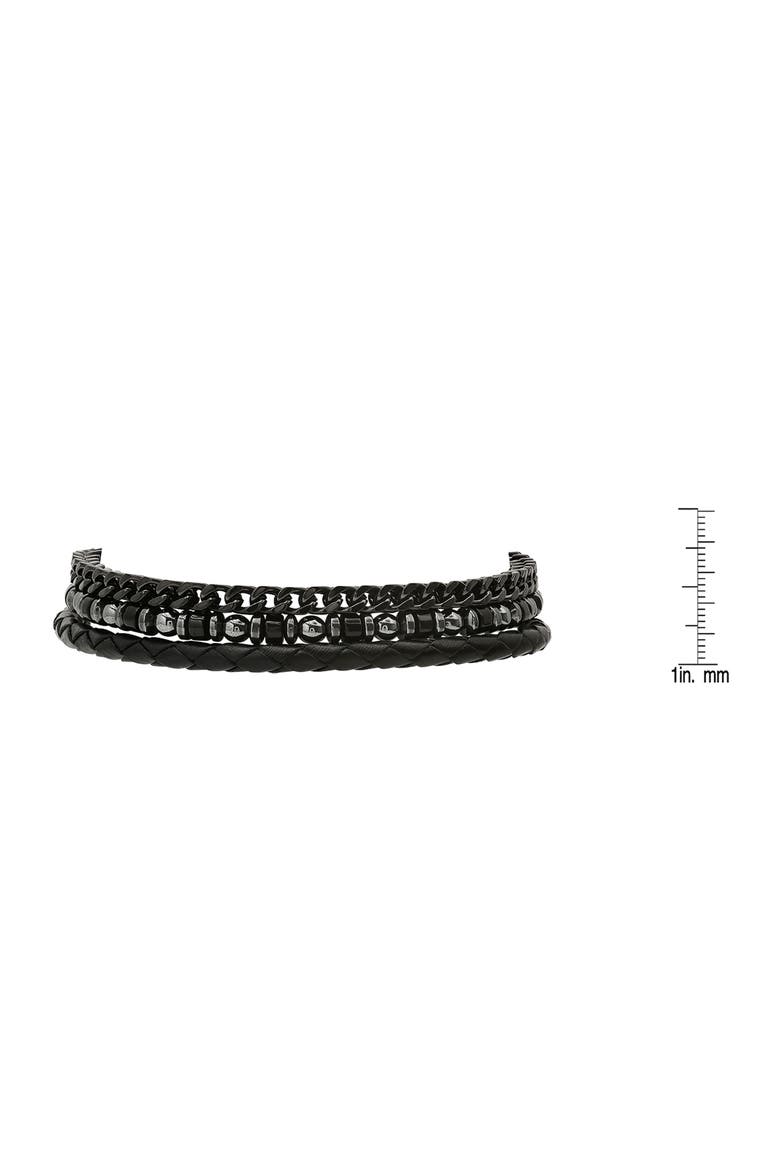 Men's Set of 3 Assorted Hematite, Chain & Leather Bracelets, Alternate, color, BLACK