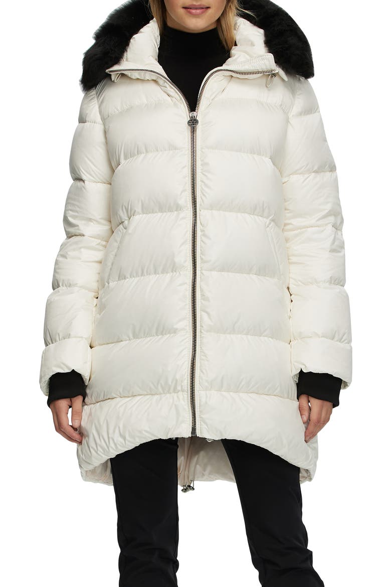 Apres-Ski Horizontal Jacket with Detachable Genuine Shearling Hood Trim, Main, color, IVORY/BLACK