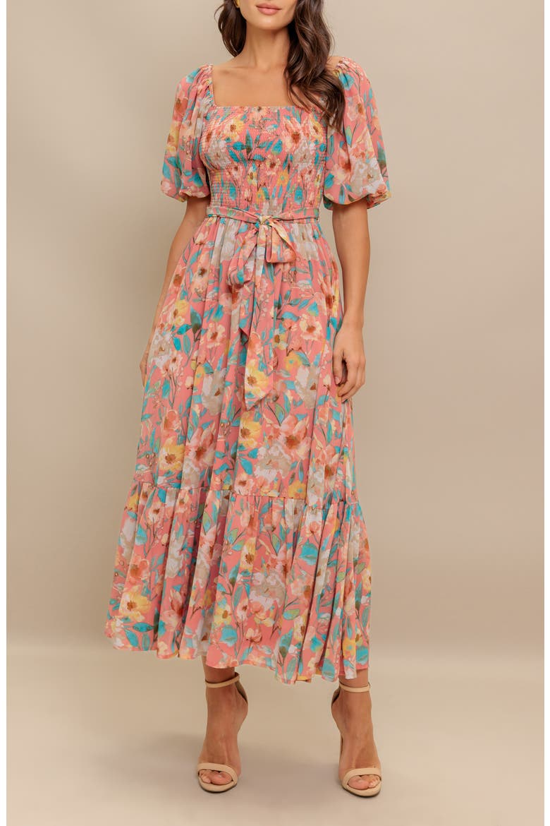 Smocked Puff Sleeve Midi Dress, Alternate, color, ROSE