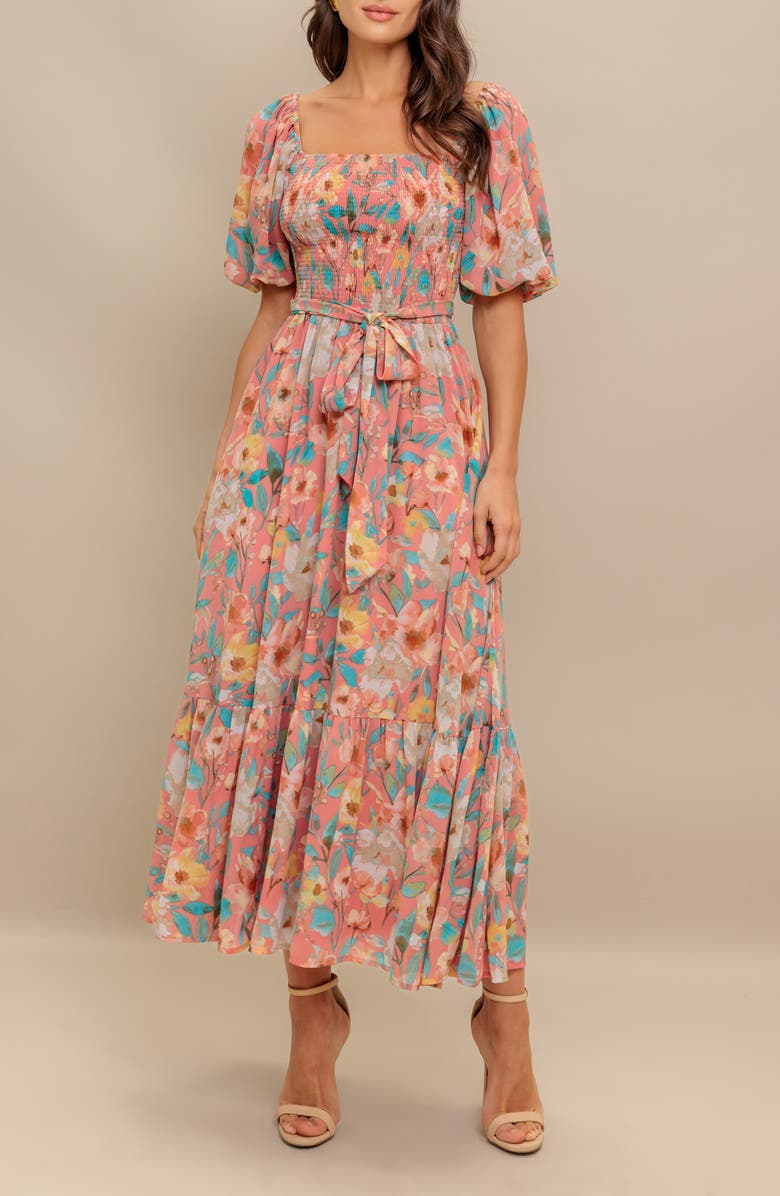 FLYING TOMATO Smocked Puff Sleeve Midi Dress, Alternate, color, Rose