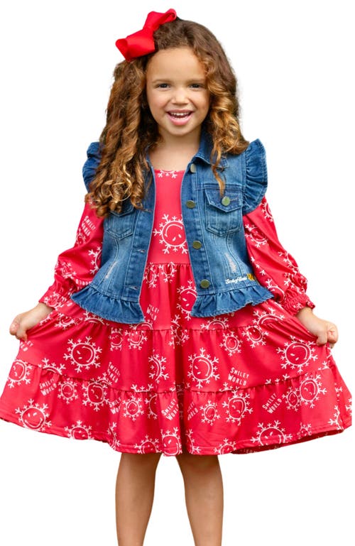 Mia Belle Girls Girls Smileyworld Happy Snowflake Denim Vest And Dress Set In Red