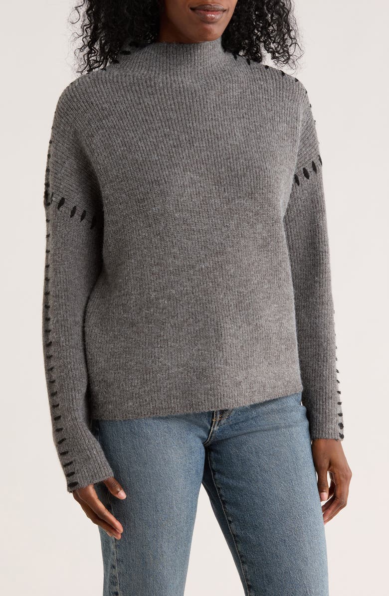 Elodie Contrast Stitch Mock Neck Sweater, Main, color, Charcoal