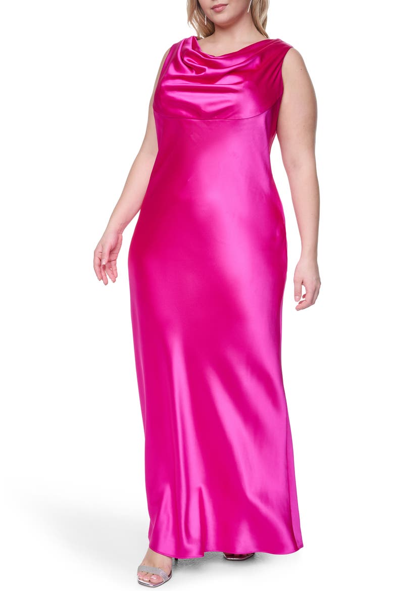 Cowl Neck Sleeveless Satin Gown, Main, color, FUCHSIA